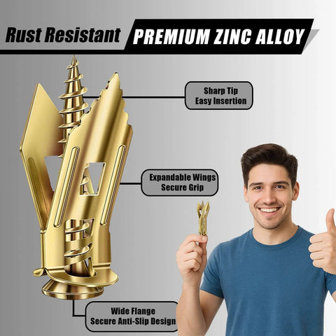 360pcs Self Drilling Drywall Anchors and Screws Kit with 4 Sizes, shown with premium zinc plated anchor and smiling person