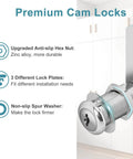 Keyed Alike Cam Locks One And A Half Inch Extra Long Cabinet Locks with two keys shown with installation components and zinc alloy material