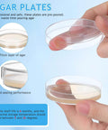 Hands holding ready to use prepoured nutrient agar plates in 2.75-inch petri dishes for microbiology labs and STEM class experiments.