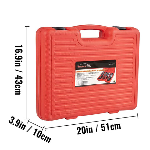 Red carry case for 28 Piece Press And Pull Sleeve Kit For Removing Bearings Bushings Seals For Cars And Light Trucks Universal Auto Tool Set With 34 To 68 Millimeter Inner Diameters.