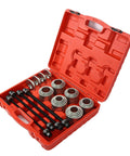 28 Piece Press And Pull Sleeve Kit For Removing Bearings Bushings Seals For Cars And Light Trucks Universal Auto Tool Set With 34 To 68 Millimeter Inner Diameters in a red plastic case.