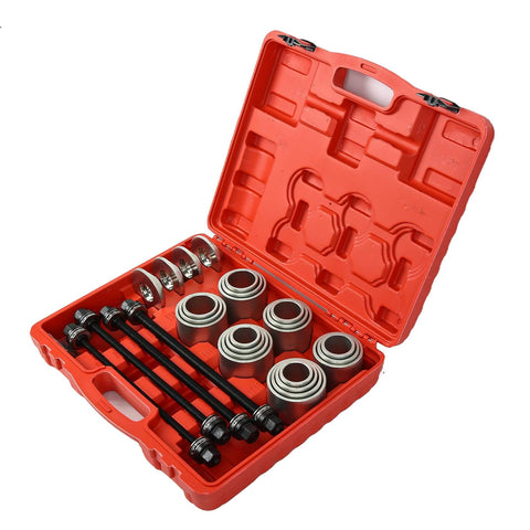 28 Piece Press And Pull Sleeve Kit For Removing Bearings Bushings Seals For Cars And Light Trucks Universal Auto Tool Set With 34 To 68 Millimeter Inner Diameters in a red plastic case.