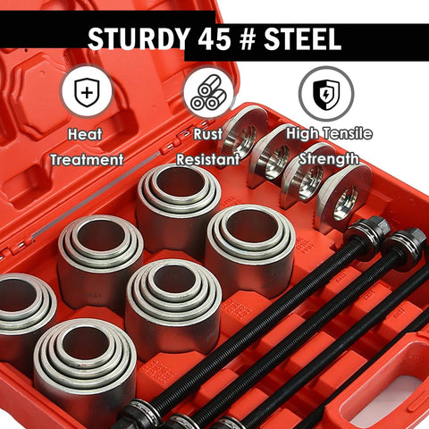 28 Piece Press And Pull Sleeve Kit For Removing Bearings Bushings Seals For Cars And Light Trucks Universal Auto Tool Set With 34 To 68 Millimeter Inner Diameters in an open red case with steel components