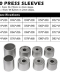 Pull and Press Sleeve Kit with 28 Pcs Universal Remove Bushes Bushing Bearings Seals, showing 20 press sleeves with size specifications.