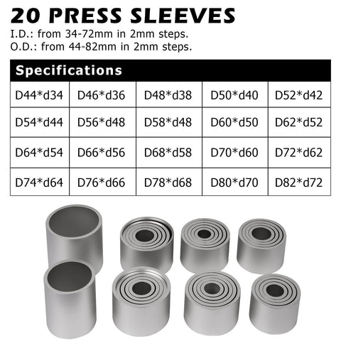 Pull and Press Sleeve Kit with 28 Pcs Universal Remove Bushes Bushing Bearings Seals, showing 20 press sleeves with size specifications.