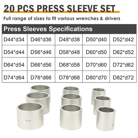 20 pieces from the 28 Piece Press And Pull Sleeve Kit For Removing Bearings Bushings Seals For Cars And Light Trucks Universal Auto Tool Set