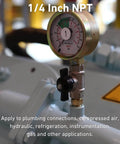 Brass Hex Nipple 1/4 Inch NPT x 1/4 Inch NPT Male Pipe Adapter Set for Connecting NPT Female Pipes, shown with pressure gauge