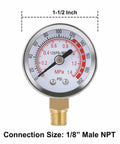 Close-up of 0-200 psi gauge from the All in one Portable Air Tank Repair Kit, showing 1/8” male NPT connection