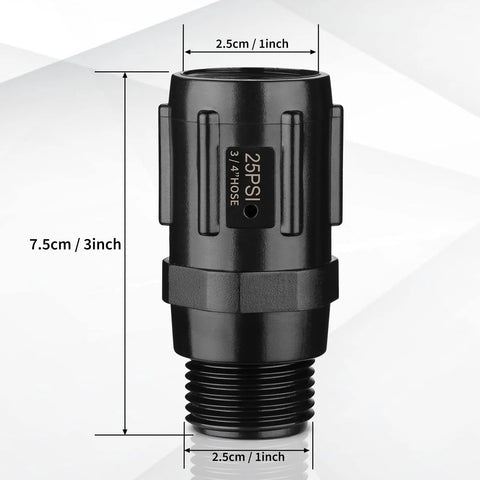 Pressure Regulator 25 PSI Three Quarter Inch FHT to Three Quarter Inch MHT Low Flow Valve for Drip Irrigation Systems, front view.
