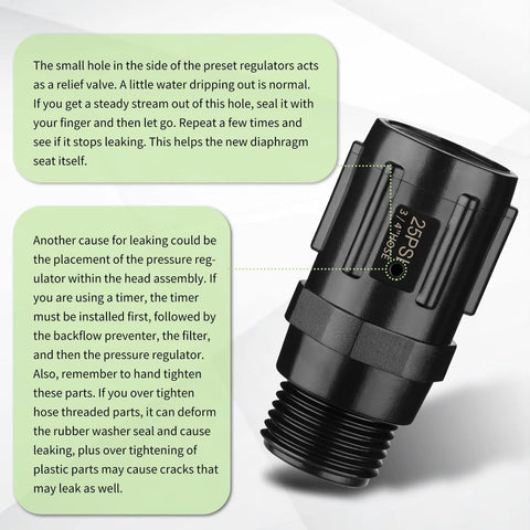 Pressure Regulator 25 PSI Three Quarter Inch FHT to Three Quarter Inch MHT Low Flow Valve with instructions for drip irrigation