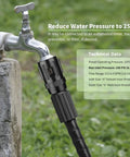 Pressure Regulator 25 PSI Three Quarter Inch FHT to Three Quarter Inch MHT Low Flow Valve attached to outdoor faucet for drip irrigation systems