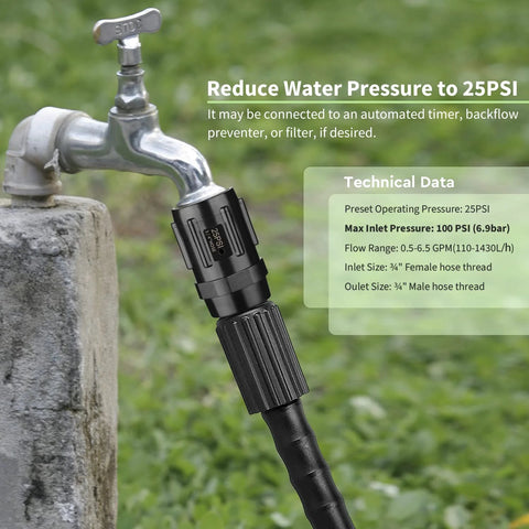 Pressure Regulator 25 PSI Three Quarter Inch FHT to Three Quarter Inch MHT Low Flow Valve attached to outdoor faucet for drip irrigation systems