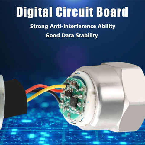 Ultra Accurate 1000 PSI Pressure Transducer Sensor With Connector Harness for Oil Water Fuel Air, digital circuit board exposed.
