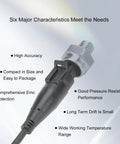 High Accuracy G1/4 stainless steel pressure transducer sensor for water gas oil, 0-80 PSI, 5V input, shown with six key features.