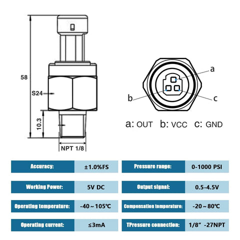 Technical diagram of Ultra Accurate 1000 PSI Pressure Transducer Sensor with connector harness and specifications