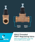 Front and side view of Cash Acme EB45 threaded FNPT regulating valve, 3/4 in NPT, with poly top for water systems at 60 PSI.