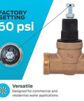 Pressure Regulating Valve For Water Systems Three Quarter Inch NPT Threaded With Poly Top 60 PSI Adjustable Direct Pressure Regulation