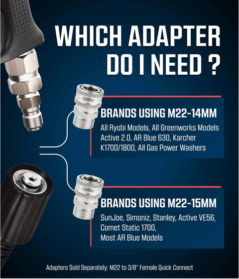 Heavy Duty M22 To Three Eighth Inch Quick Disconnect Kit For Pressure Washers with various adapter brands displayed.