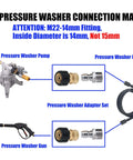 Diagram of Pressure Washer Quick Connect Adapter Set M22 To Three Eighths Inch For Hose, M22 14mm fittings, labeled connections.