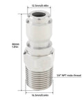 Side view of stainless steel male adapter plug with dimensions, 2 Pack NPT 3/8 Inch Pressure Washer Quick Connect Fittings for 5000 PSI.