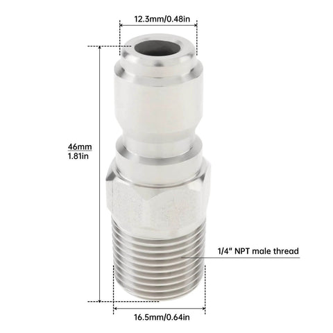 Side view of stainless steel male adapter plug with dimensions, 2 Pack NPT 3/8 Inch Pressure Washer Quick Connect Fittings for 5000 PSI.