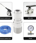 2 Pack NPT 3/8 Inch Pressure Washer Quick Connect Fittings Stainless Steel Male Adapters Plug in center with connected components around