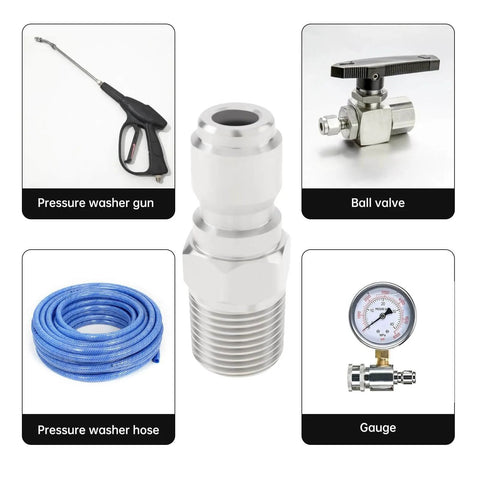 2 Pack NPT 3/8 Inch Pressure Washer Quick Connect Fittings Stainless Steel Male Adapters Plug in center with connected components around