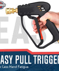 Pressure Washer Gun Replacement With M22 Inlet Extension Wand And One Quarter Inch Quick Connector Coupler Brass And Steel Construction For Durable Leakproof Power Washing, handheld with easy pull trigger design.