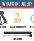 Pressure Washer Gun Replacement With M22 Inlet Extension Wand And One Quarter Inch Quick Connector Coupler Brass And Steel Construction For Durable Leakproof Power Washing, showing included accessories: gun, brass connectors, extensions, and Teflon tape.