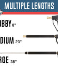Pressure Washer Gun Replacement With M22 Inlet Extension Wand And One Quarter Inch Quick Connector Coupler Brass And Steel Construction For Durable Leakproof Power Washing in three lengths: stubby, medium, and large.