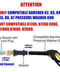 Pressure Washer Gun Adapter For Karcher K2 K3 K4 K5 K6 K7 Pre 2010 Models And Stanley SLP Guns Converts To One Quarter Inch Quick Connect Fitting Easy Install diagram with components labeled.