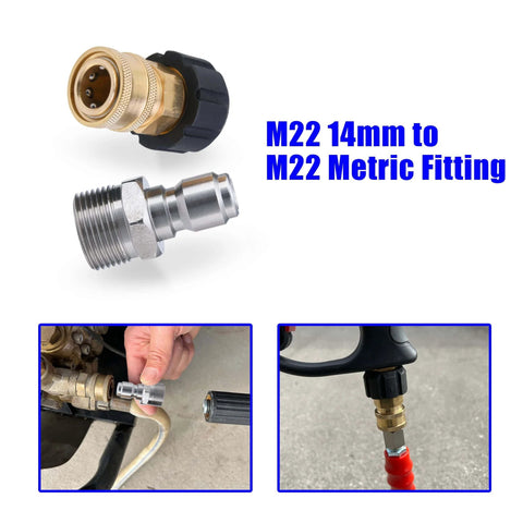 Pressure Washer Quick Connect Adapter Set M22 To Three Eighths Inch For Hose, M22 14mm To M22 Metric Fitting, installed view