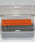 Pressure Washer O Ring Seal Kit 100 Pack For Quick Connect Fittings Includes 50 Orange O Rings For One Quarter Inch Connectors And 50 Grey O Rings For Three Eighths Inch Connectors 0.1 Inch Thick Reusable Plastic Case in a clear box.
