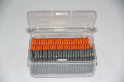 Pressure Washer O Ring Seal Kit 100 Pack For Quick Connect Fittings Includes 50 Orange O Rings For One Quarter Inch Connectors And 50 Grey O Rings For Three Eighths Inch Connectors 0.1 Inch Thick Reusable Plastic Case in a clear box.