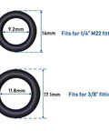 Pressure Washer O Rings For Quick Connect Couplers One Quarter Inch And Three Eighths Inch, 40 Pack Replacement Seals displayed with measurements