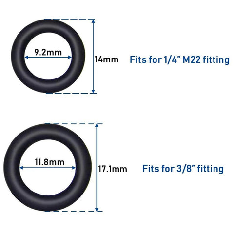 Pressure Washer O Rings For Quick Connect Couplers One Quarter Inch And Three Eighths Inch, 40 Pack Replacement Seals displayed with measurements