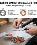 Color Coded Quick Disconnect O Rings Kit For Pressure Washers One Quarter And Three Eighth Inch Pro Grade Fifty Pack With Twenty Five Orange And Twenty Five Grey O Rings M22 Quick Connect Couplers High Temp Up To 212F Includes Durable Storage Box. Image shows installation of grey O-ring on pressure washer gun.