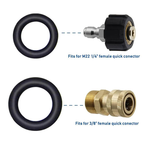 Pressure Washer O Rings For Quick Connect Couplers One Quarter Inch And Three Eighths Inch, 40 Pack Replacement Seals shown with connectors