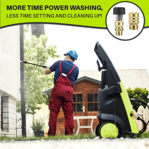 Pressure Washer Quick Connect Adapter Set M22 15mm To Three Eighths Inch Quick Release 5000 PSI All In One No Fuss Hassle Free Kit For Sun Joe SPX Series AR Blue And Stanley Washers, shown installed in outdoor cleaning scene.