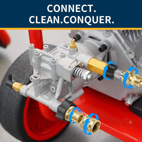 Beefy Pressure Washer Quick Connect Kit With M22 Swivel Attached to a Red Pressure Washer Frame for Patio Cleaning