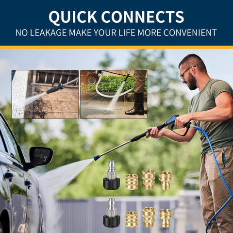Man using Beefy Pressure Washer Quick Connect Kit With M22 Swivel and 3/8 inch quick connects for patio cleaning and car wash