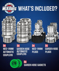 Automatic M22 14mm Quick Connect Kit For Pressure Washers Plug And Play M22 To Three Eighths Quick Connect Fittings Stainless Steel Eight Piece Hose Adapter Set Self Locking Push To Connect One Hand Setup, components displayed with stainless steel couplers, plugs, and gaskets.