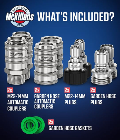 Automatic M22 14mm Quick Connect Kit For Pressure Washers Plug And Play M22 To Three Eighths Quick Connect Fittings Stainless Steel Eight Piece Hose Adapter Set Self Locking Push To Connect One Hand Setup, components displayed with stainless steel couplers, plugs, and gaskets.