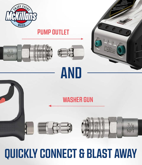 Heavy Duty Stainless Steel 3/8 Inch NPT Quick Connect Kit For Pressure Washers Four Pack With Push To Connect Fittings Viton O Rings Leak Proof Design For Power Washers shown connecting pump outlet and washer gun