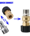 Pressure Washer Quick Connect Adapter Set M22 To Three Eighths Inch For Hose, brass and stainless steel connectors, focus on construction and design.