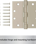 4 Pack 4.5 Inch Ball Bearing Door Hinges Prime Coated with mounting screws shown.