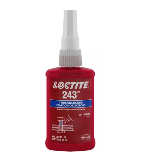 Front view of red 50 mL bottle of Medium Strength Primerless Thread Locker 243 For Metal Threads Blue, ideal for automotive use.