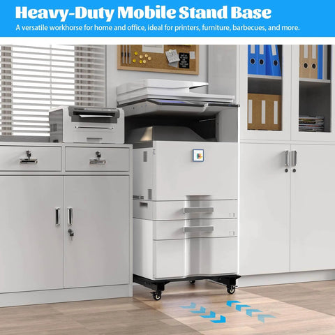 Office printer on 1500 lb adjustable furniture dolly with heavy duty iron frame, expandable length, lockable wheels, non slip mat