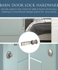 Privacy Barn Door Lock With Emergency Release Satin Nickel Sliding Latch for single or bi-parting doors, shown installed.