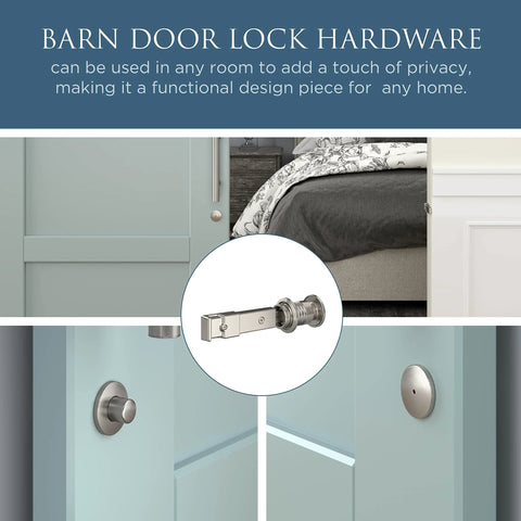 Privacy Barn Door Lock With Emergency Release Satin Nickel Sliding Latch for single or bi-parting doors, shown installed.